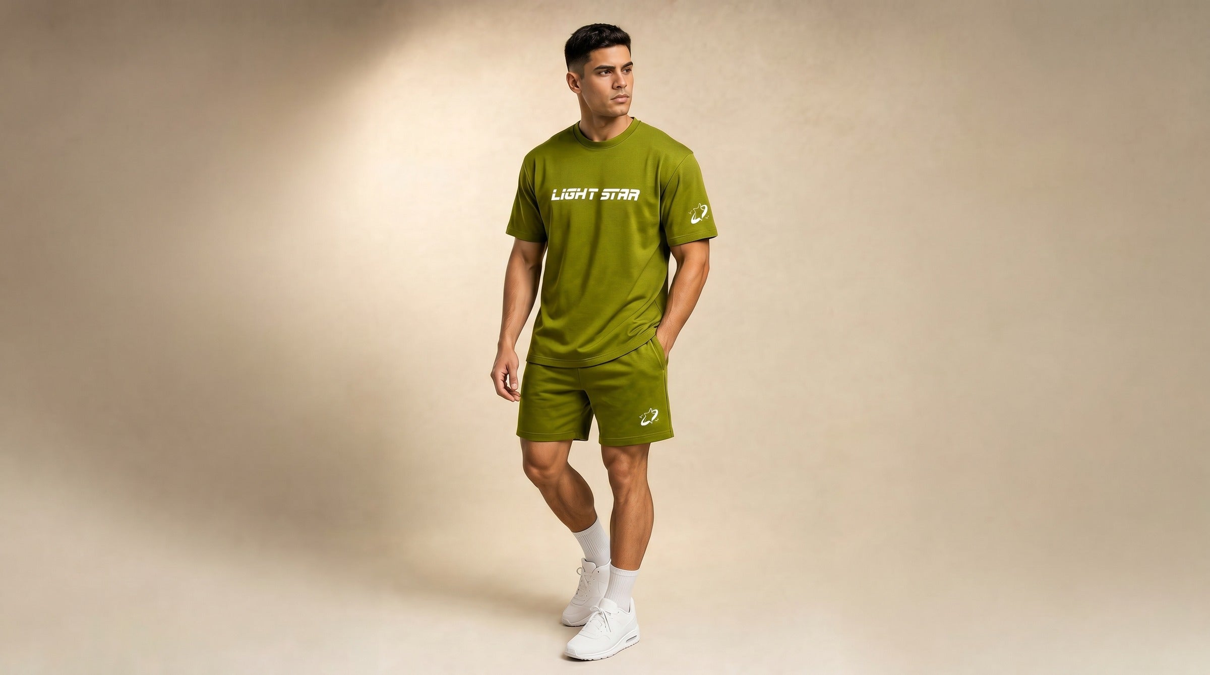 Stellar Tee + Short Set lifestyle - Bright Olive